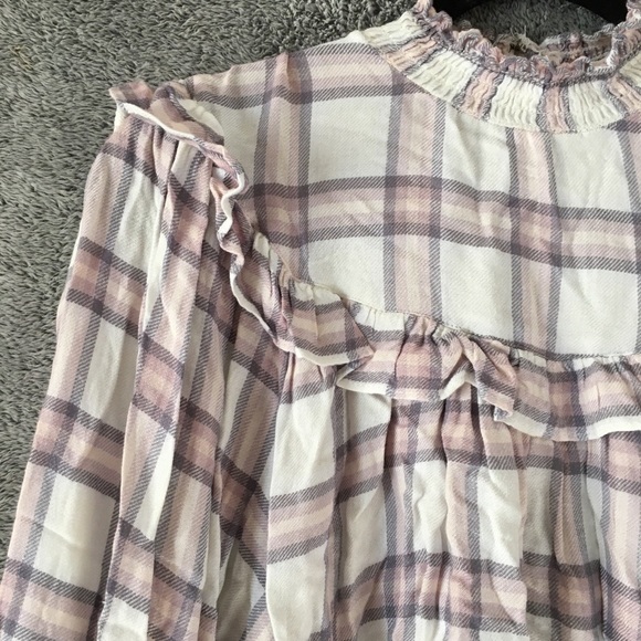 free People Plaid Ruffle Mock Neck Blouse- Sz Small - Picture 5 of 13